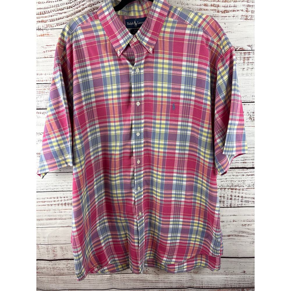 Mens VTG Ralph Lauren Blake Pink Plaid Short Sleeve Button Up Shirt Cotton Sz XL